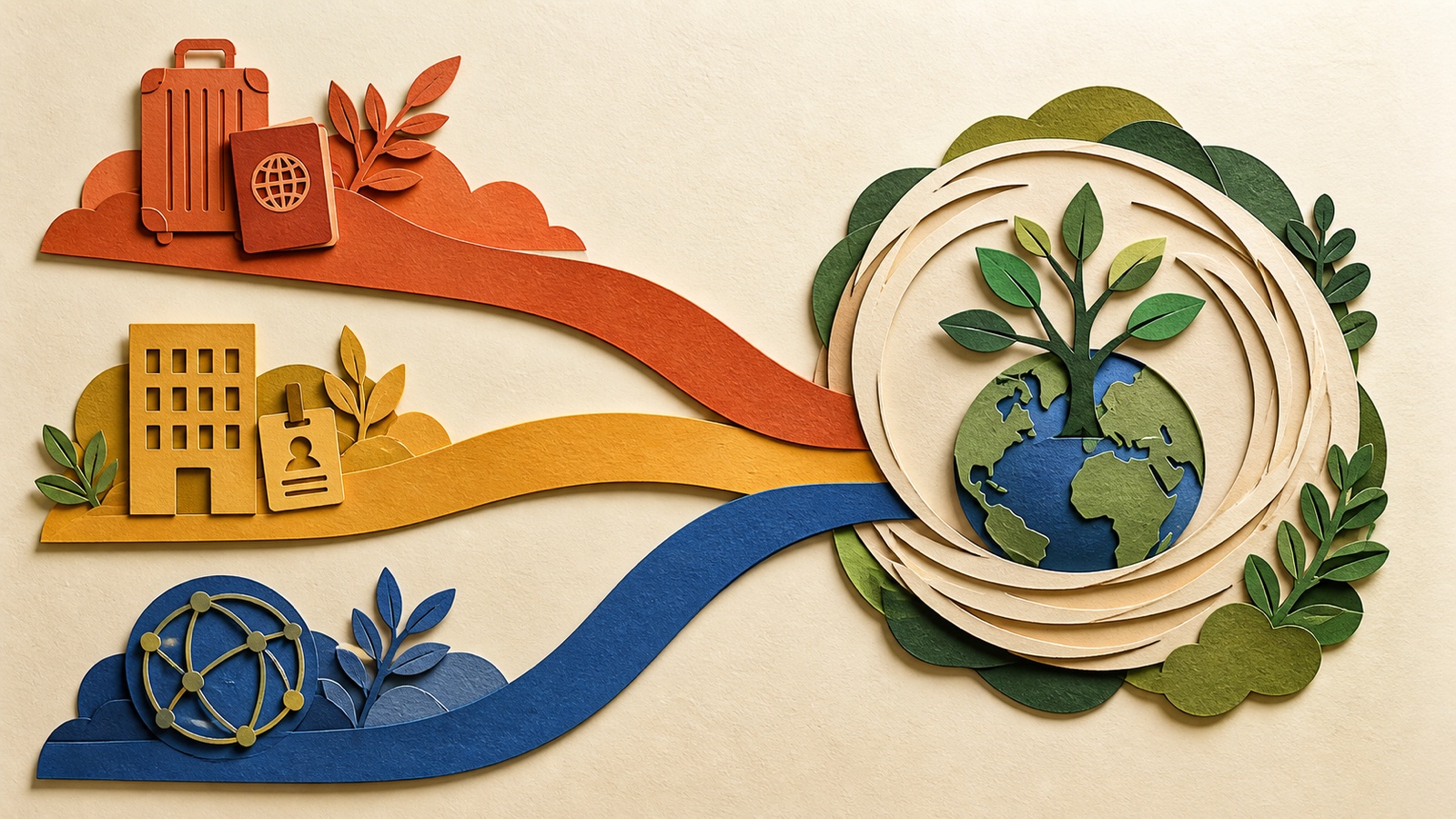 Paper-cut paths for expatriates, local hires, and global employees converging into one international pension plan