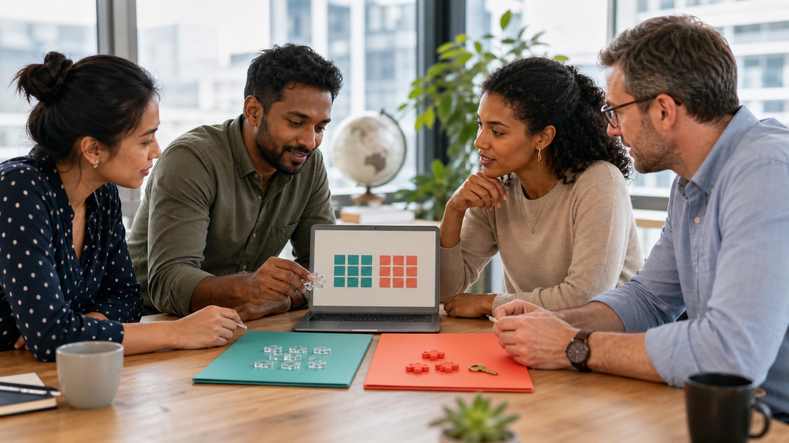 Four colleagues comparing phantom equity and stock-option plan structures in an office
