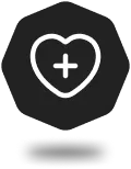 White heart icon with a plus sign inside on a black geometric background.