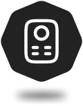 Icon of a remote control with a circular button at the top and four rectangular buttons below.