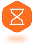White hourglass icon inside an orange hexagon.