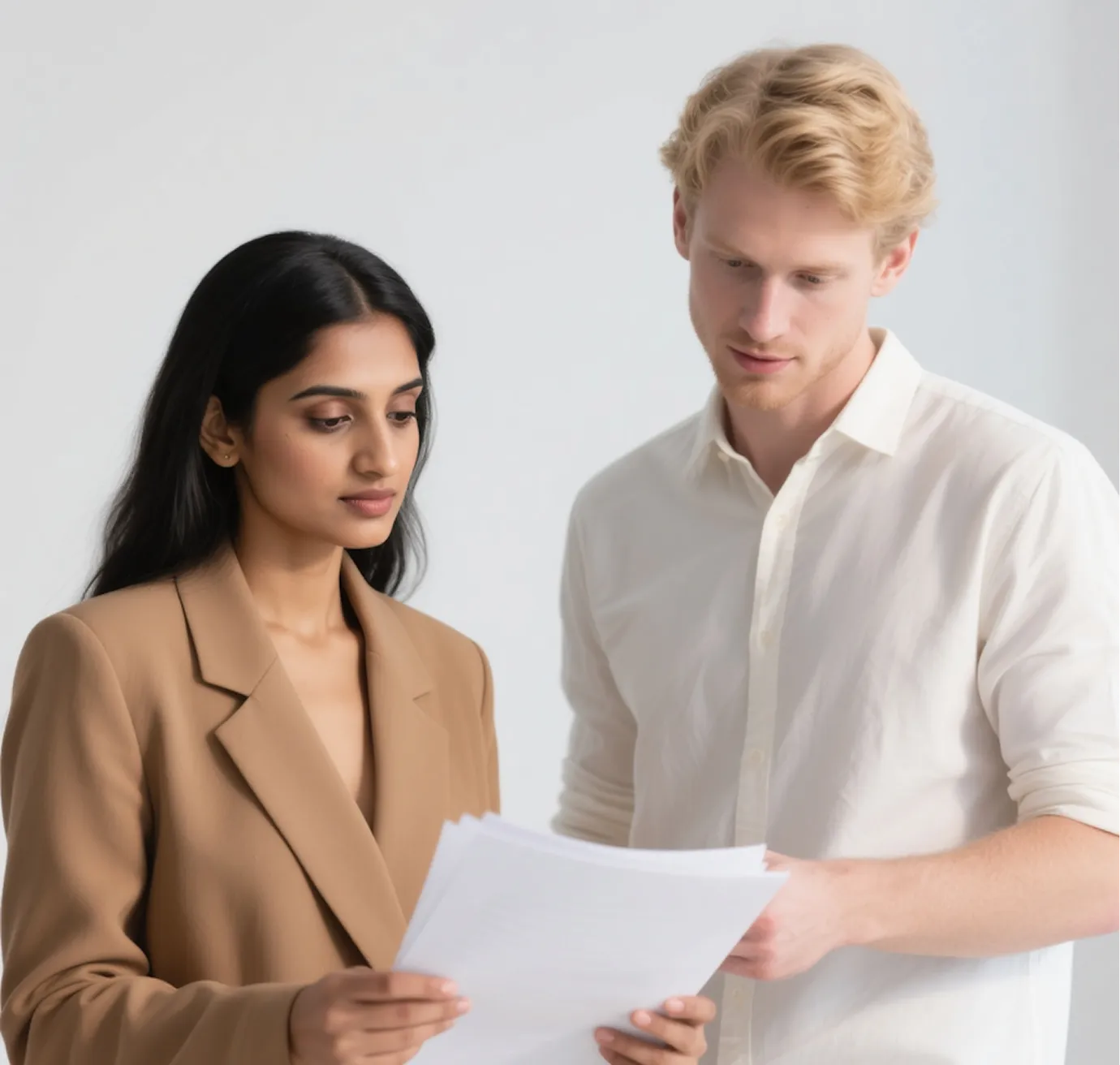 Two colleagues, a woman in a brown blazer and a man in a white shirt, reviewing documents together.