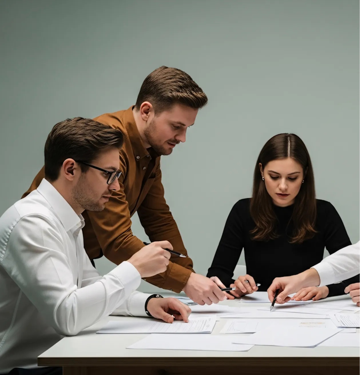 Three young professionals collaborating and reviewing documents on a table in a meeting.