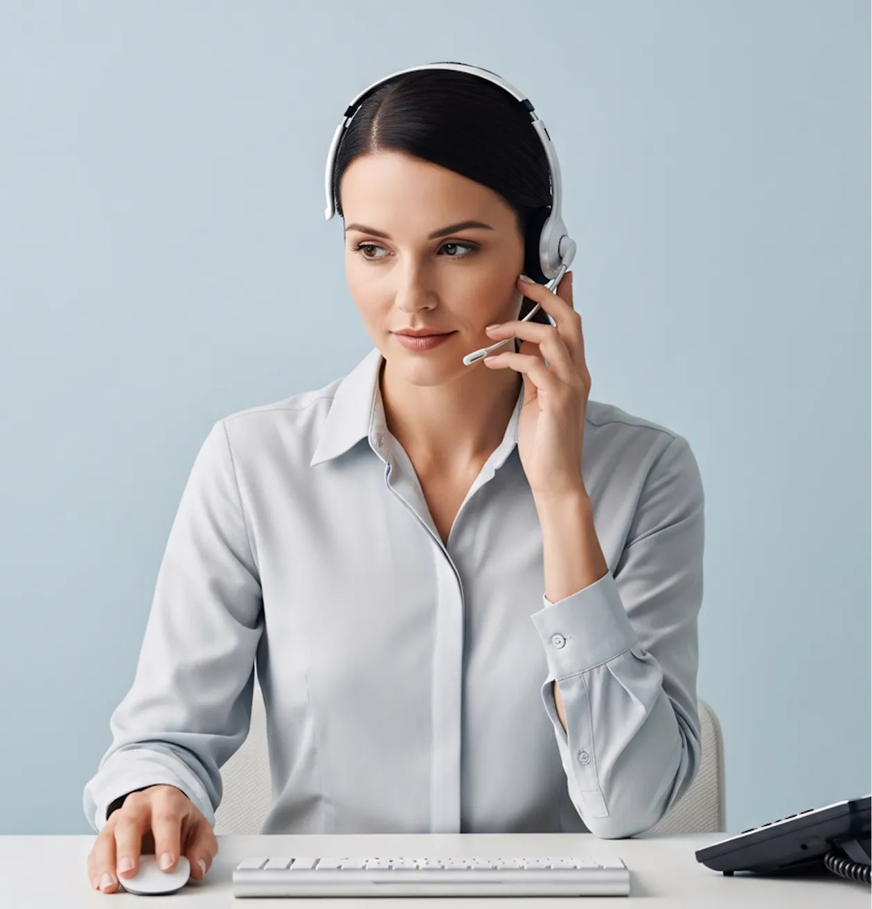 Woman wearing a headset and speaking while using a computer mouse and keyboard at a desk.