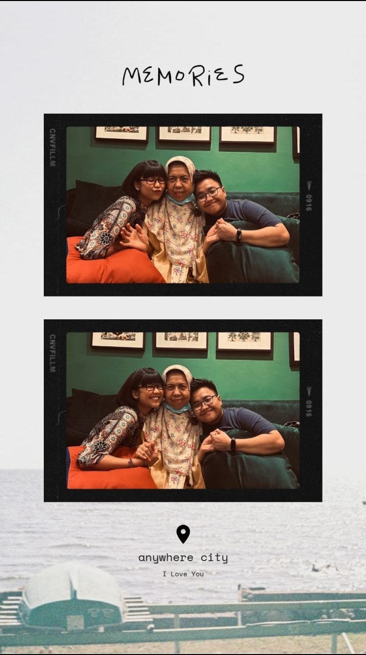 Two young adults on either side of an elderly woman wearing a hijab, all sitting closely and smiling on a green couch with framed pictures behind them, shown in two similar photos labeled 'MEMORIES'.