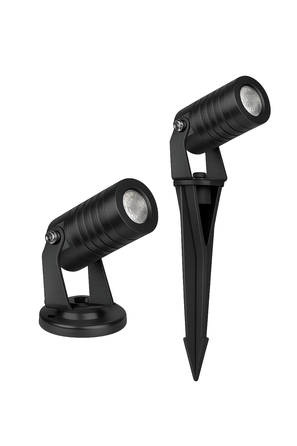 TITO outdoor directional LED spotlight with cylindrical housing, adjustable head, and spike and surface mount options