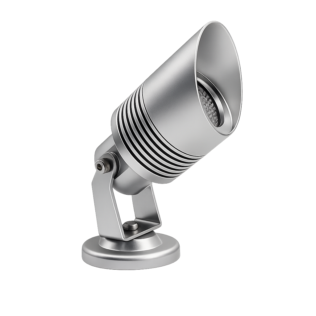 TITO 6W outdoor directional LED spotlight with cylindrical housing, adjustable bracket, and spike and surface mount options