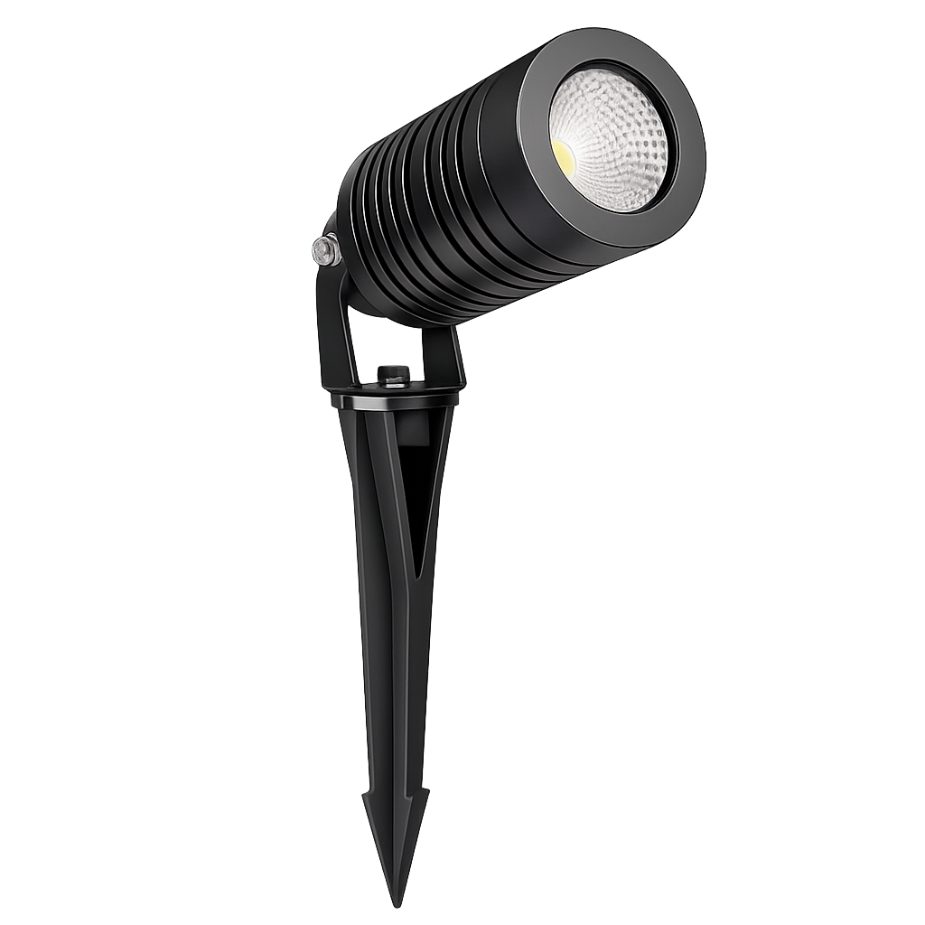 TITO 15W outdoor adjustable LED spotlight with cylindrical black housing and ground spike mount