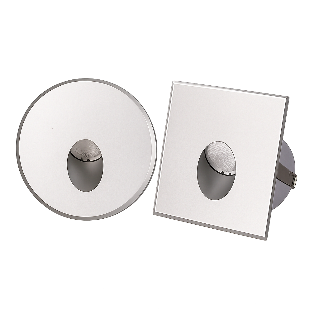 FORNO D80 recessed LED wall and step light with circular and square faceplate options