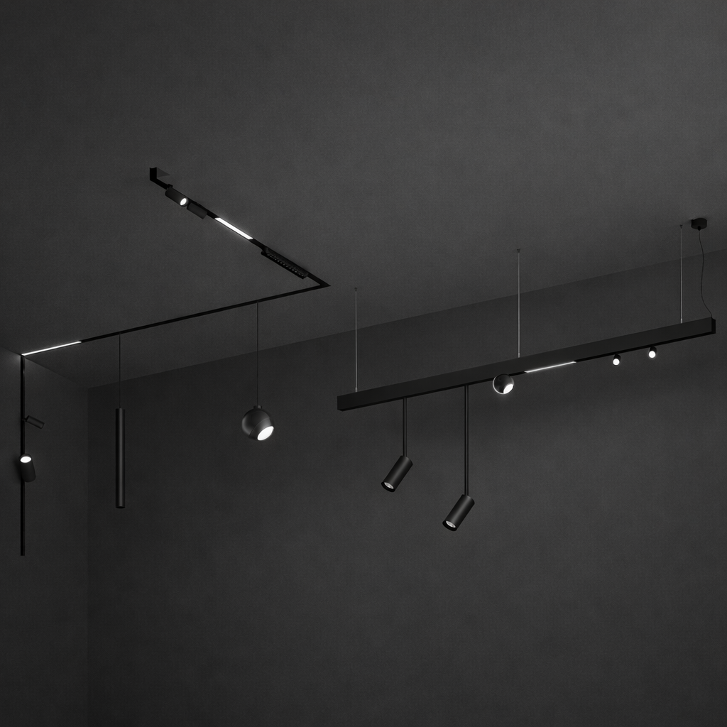 Modular power-track solutions supporting flexible mounting and repositioning of luminaires for adaptable lighting layouts.