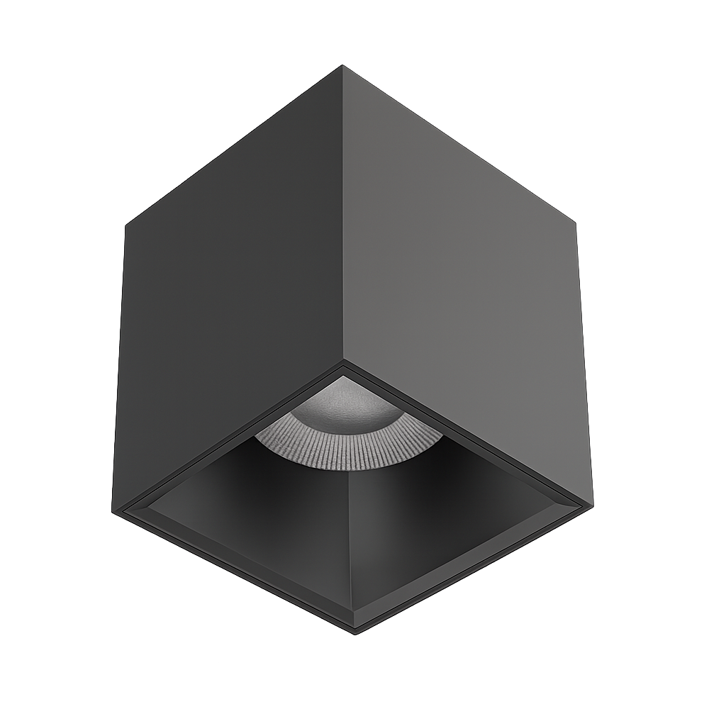 Surface-mounted luminaires delivering focused downward illumination as a functional or architectural design choice.