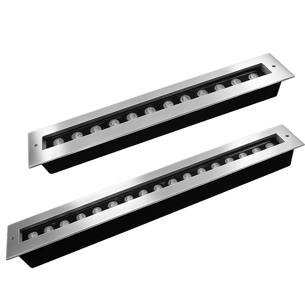 Recessed ground-installed linear luminaires providing precise accent and guidance lighting for outdoor surfaces.