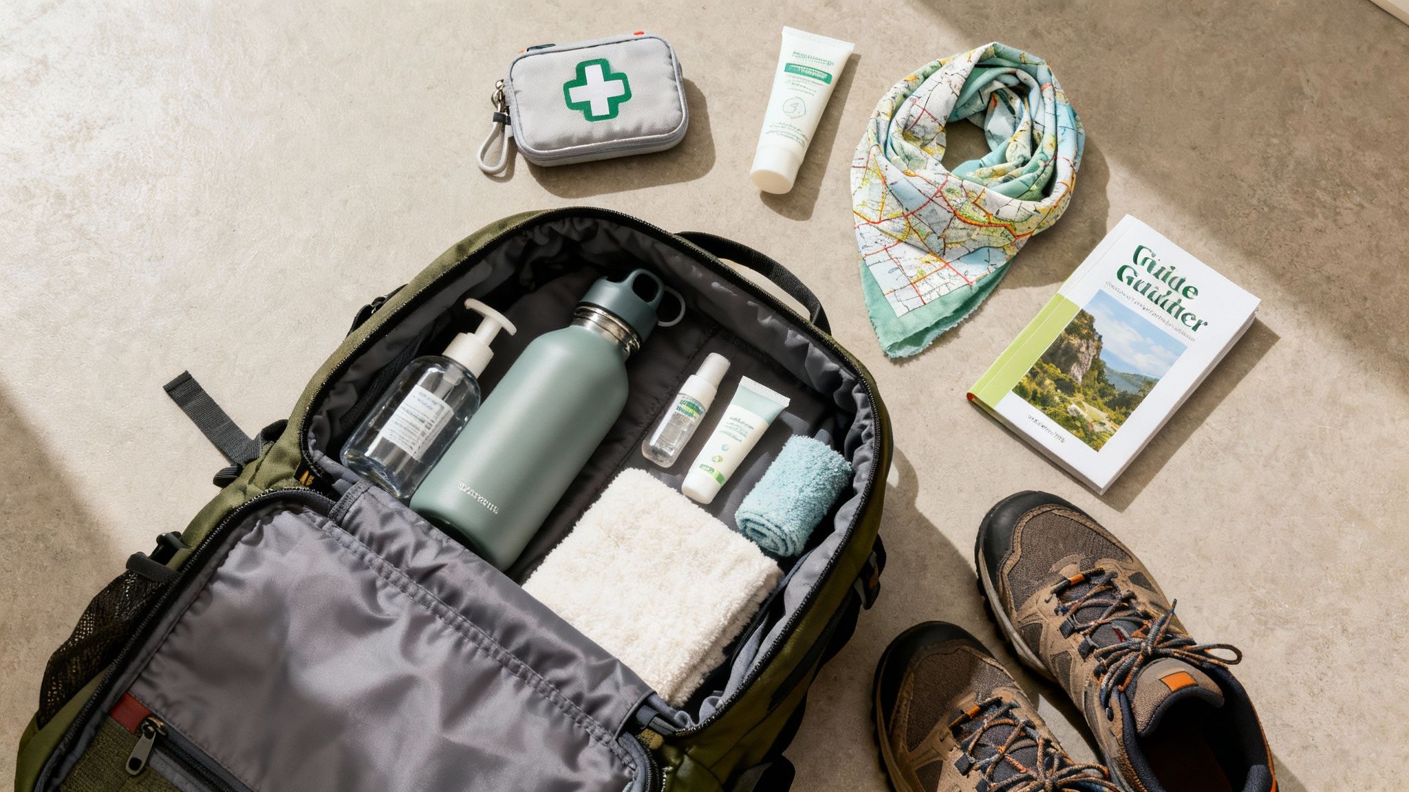 Overhead view of a green backpack packed with hiking essentials: water bottle, sanitizer, first aid kit, map, and boots.