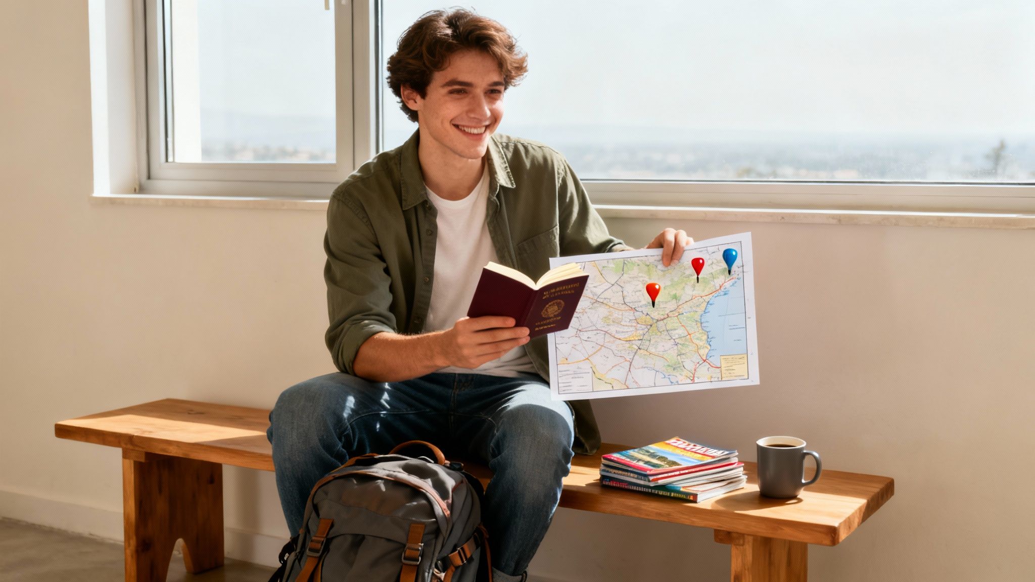 A smiling young man sits by a window, planning a trip with a map, pins, and passport.