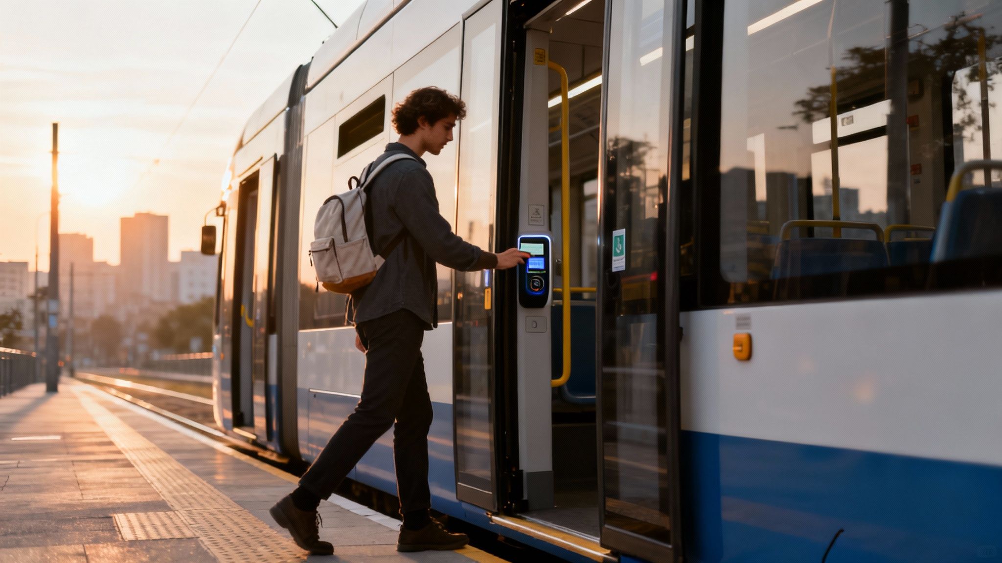A young man with a backpack boards a tram at sunset, tapping a ticket validator.
