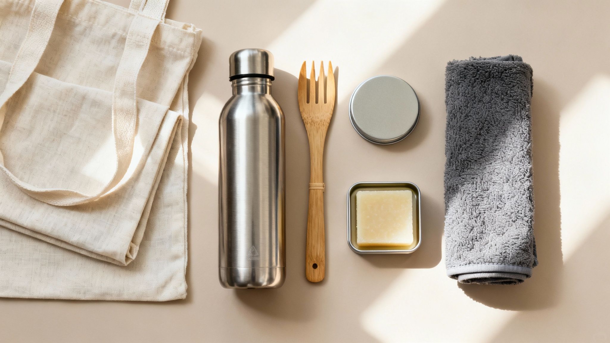 Flat lay of sustainable zero-waste travel essentials: reusable tote bag, metal bottle, wooden fork, soap, and towel.