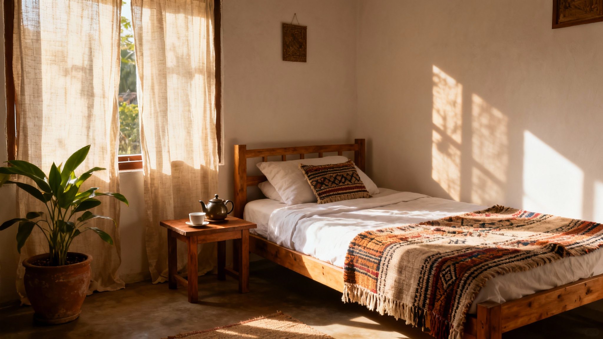 A serene bedroom with a wooden bed, patterned blanket, potted plant, and sunlight through curtains.
