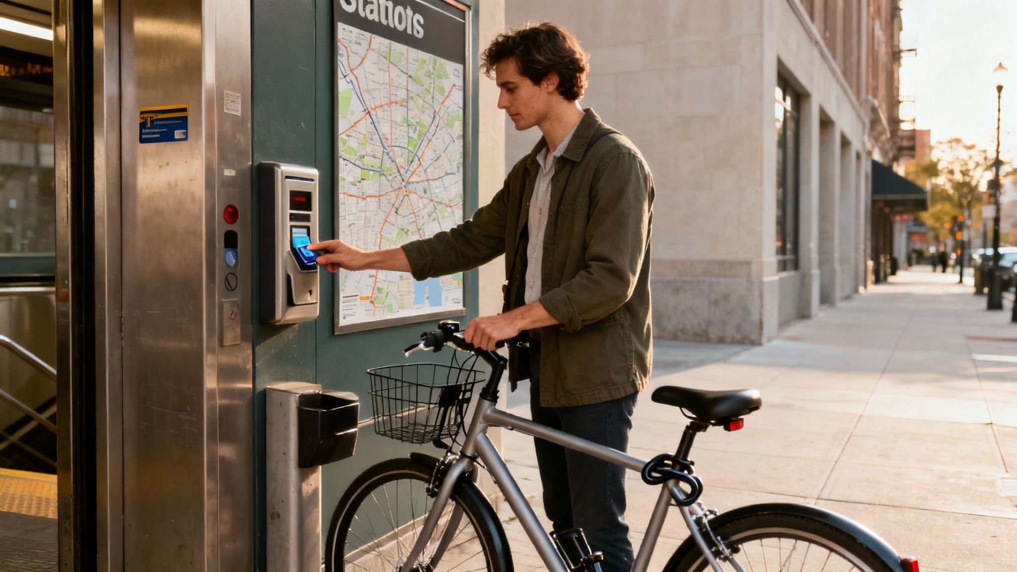 A young man with a bicycle uses a public transport ticket machine at a subway station.