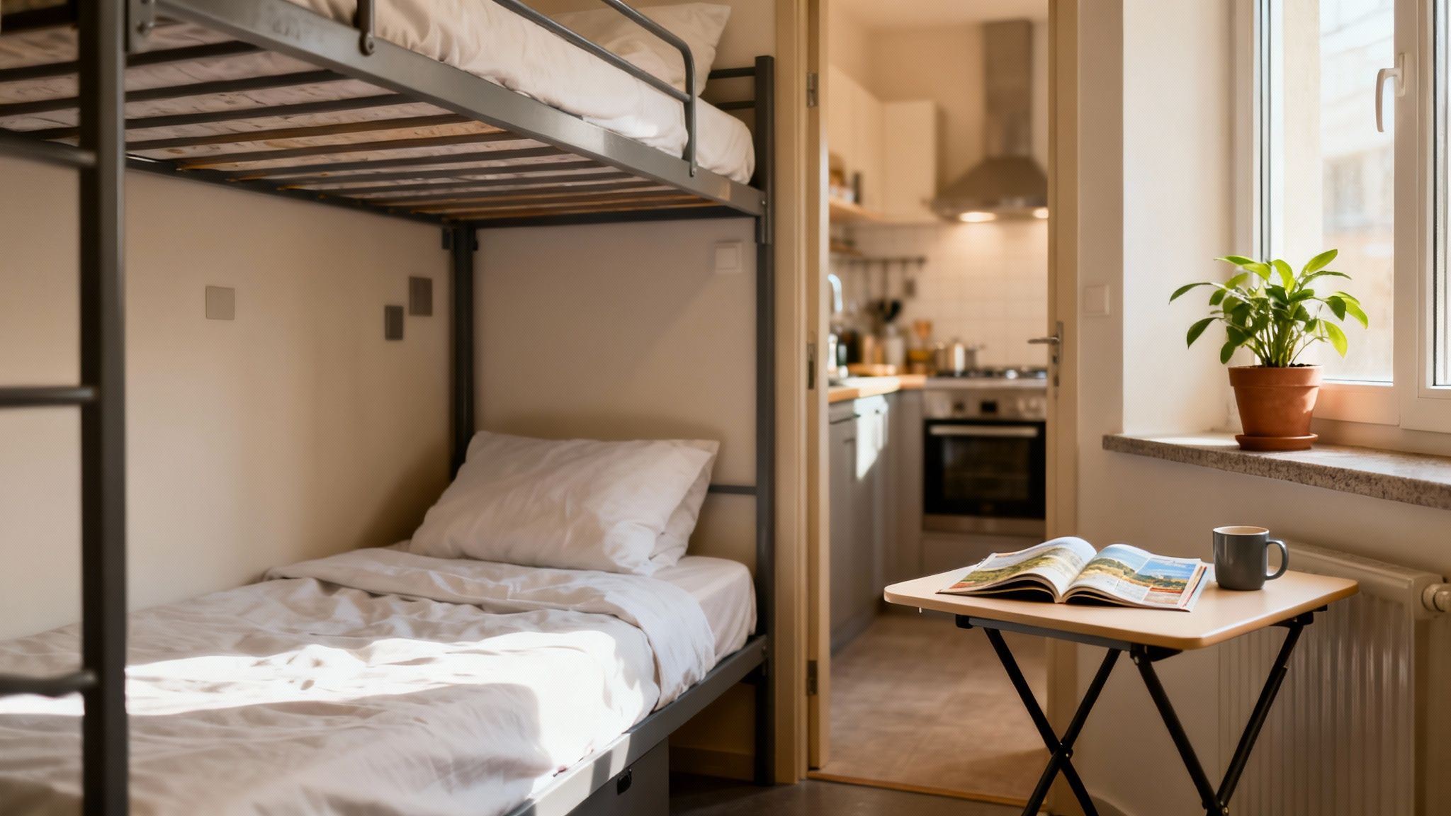 A cozy room with a bunk bed, a magazine and mug on a table, and a kitchen view.