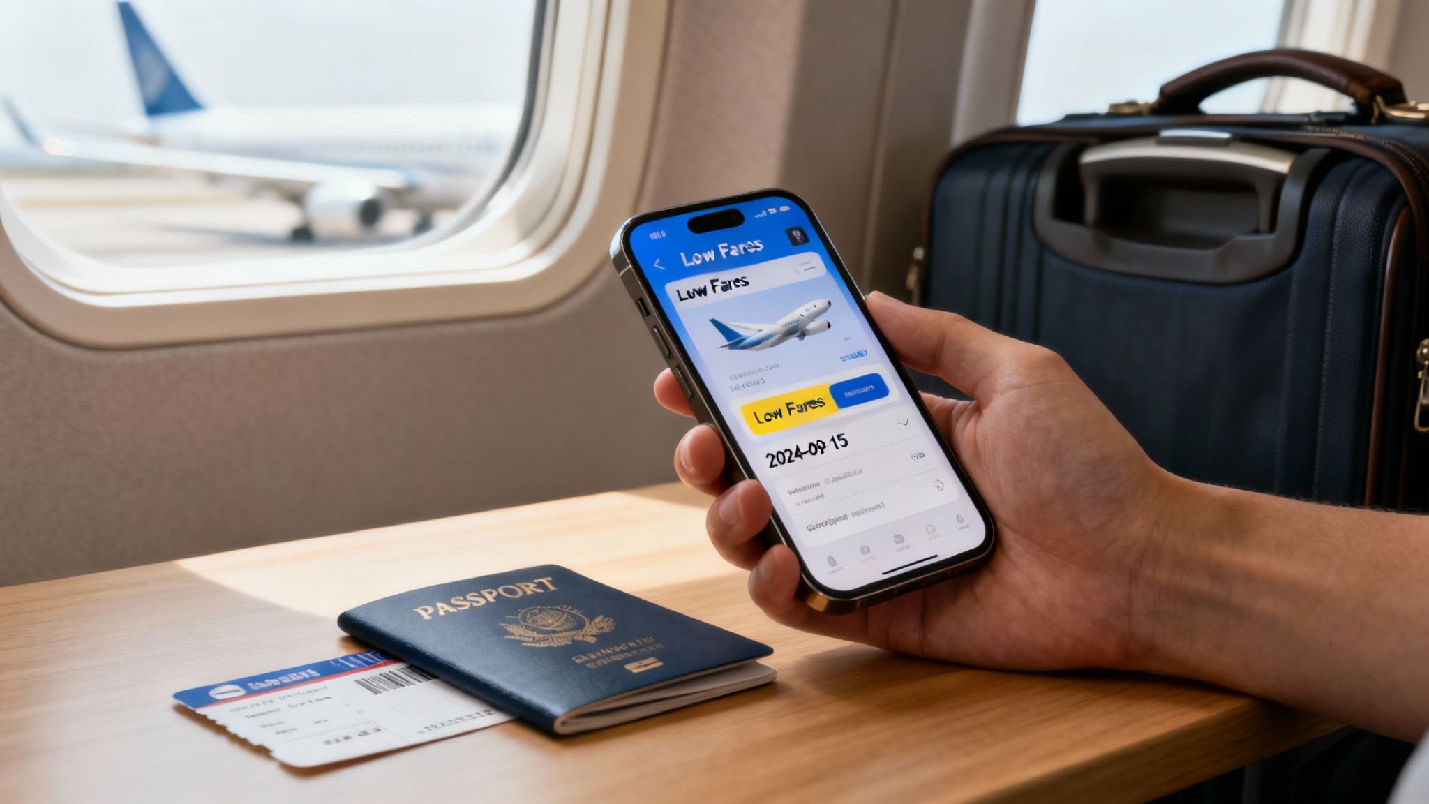Person holding smartphone with flight booking app showing low fares, passport, and boarding pass on an airplane table.