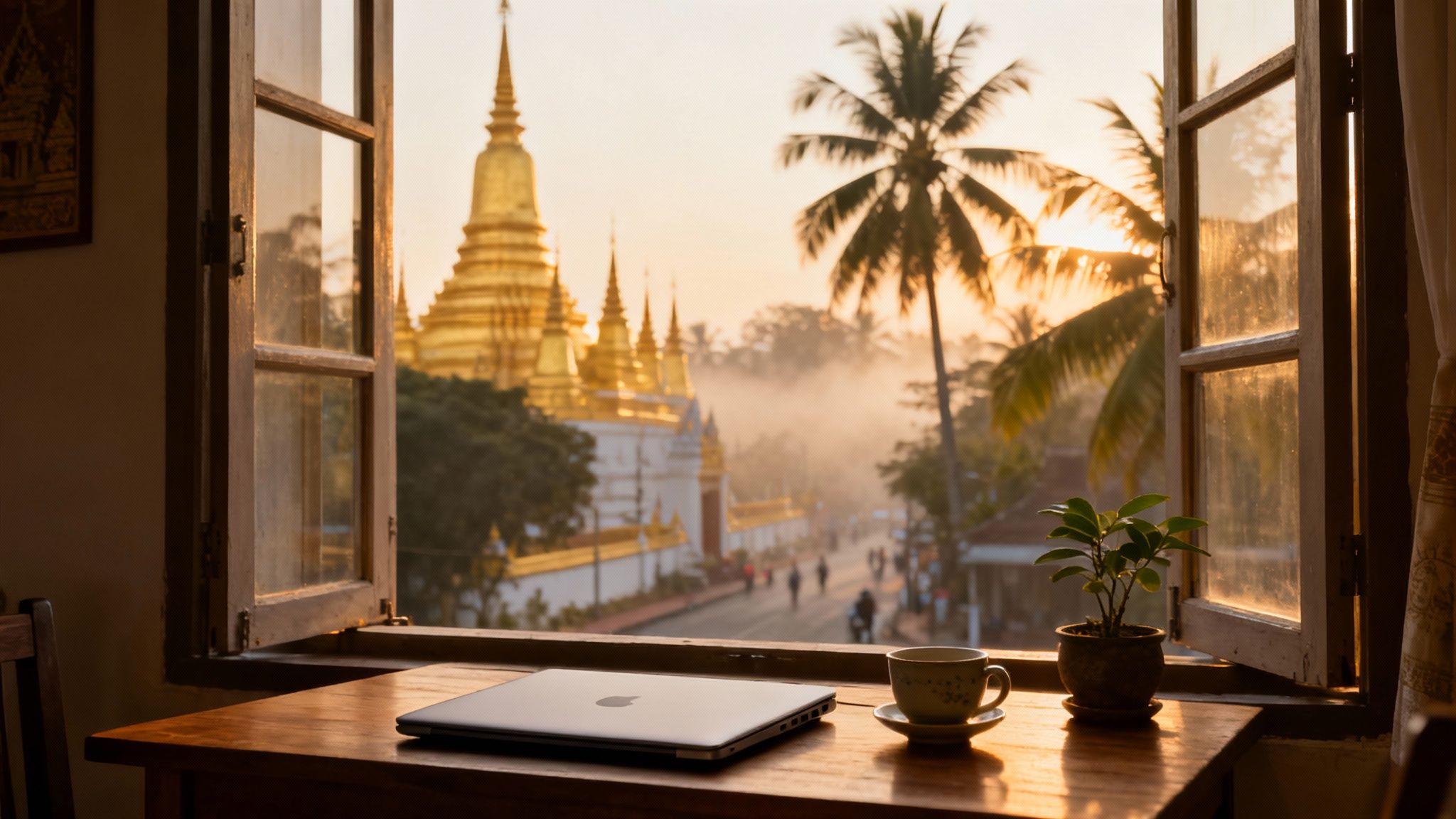 Laptop, coffee, and plant on a table by an open window overlooking golden temples and misty street.