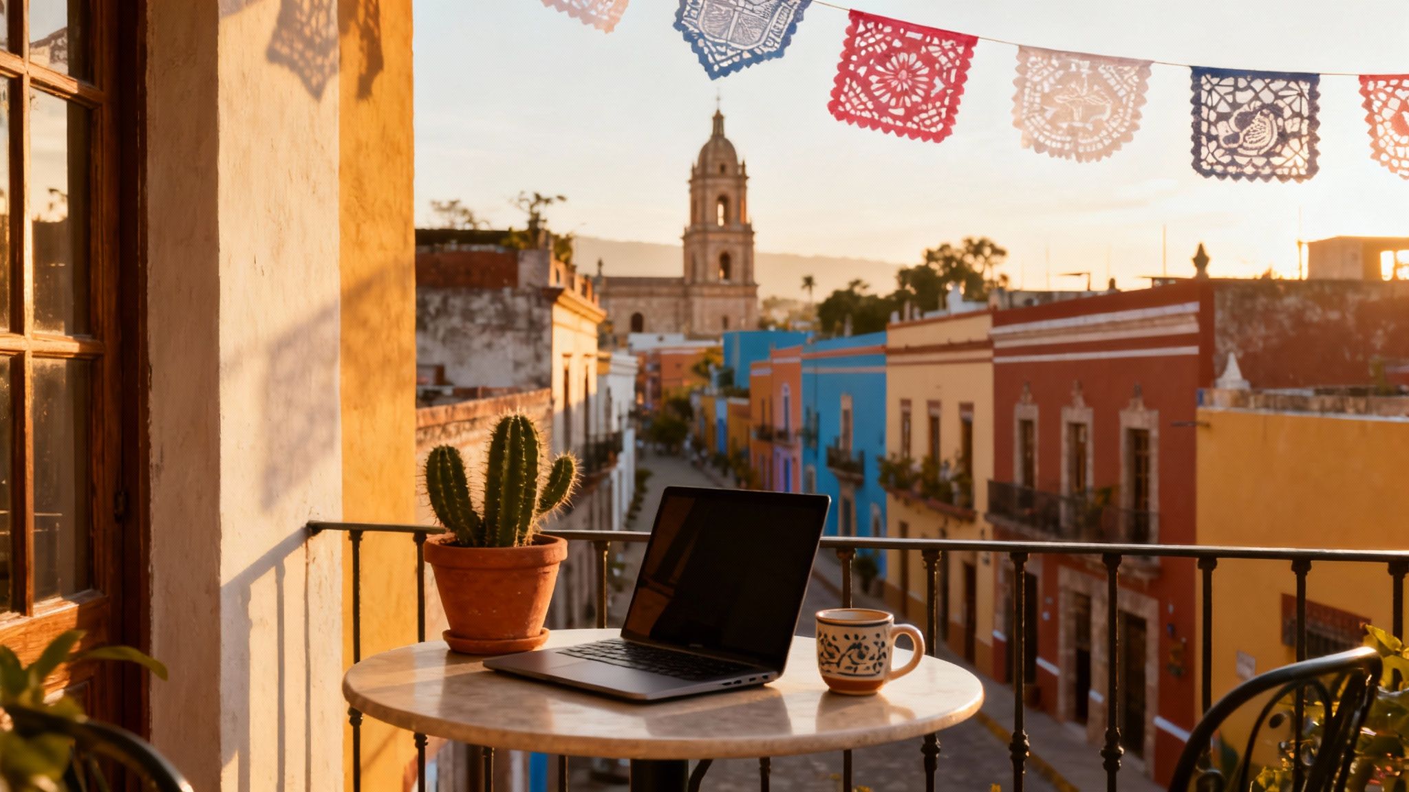 A digital nomad's balcony workspace with a laptop, coffee, and cactus overlooking a vibrant Mexican town at sunset.