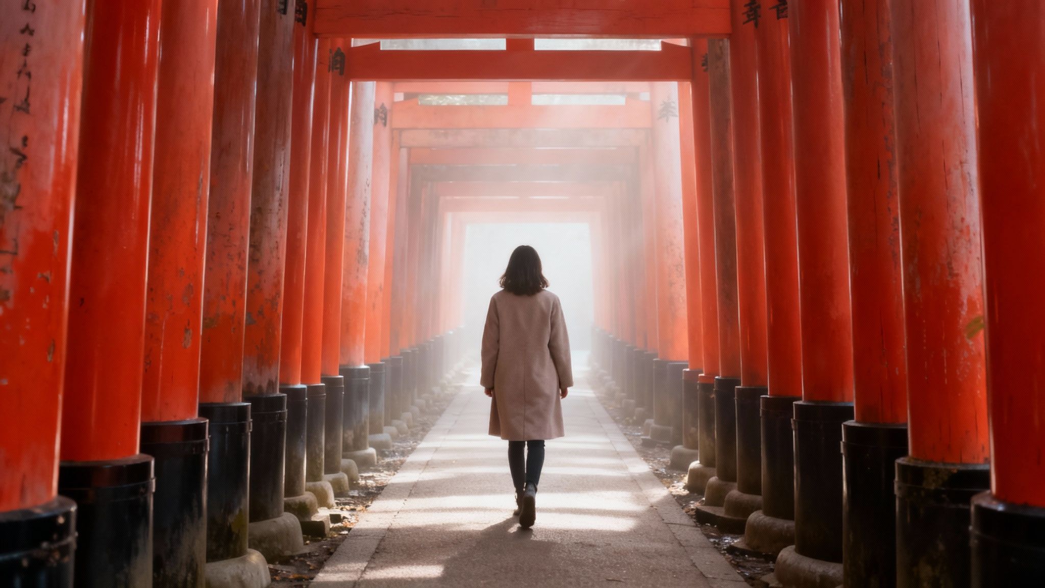 A woman walks through a tunnel of red torii gates into a bright, misty distance.