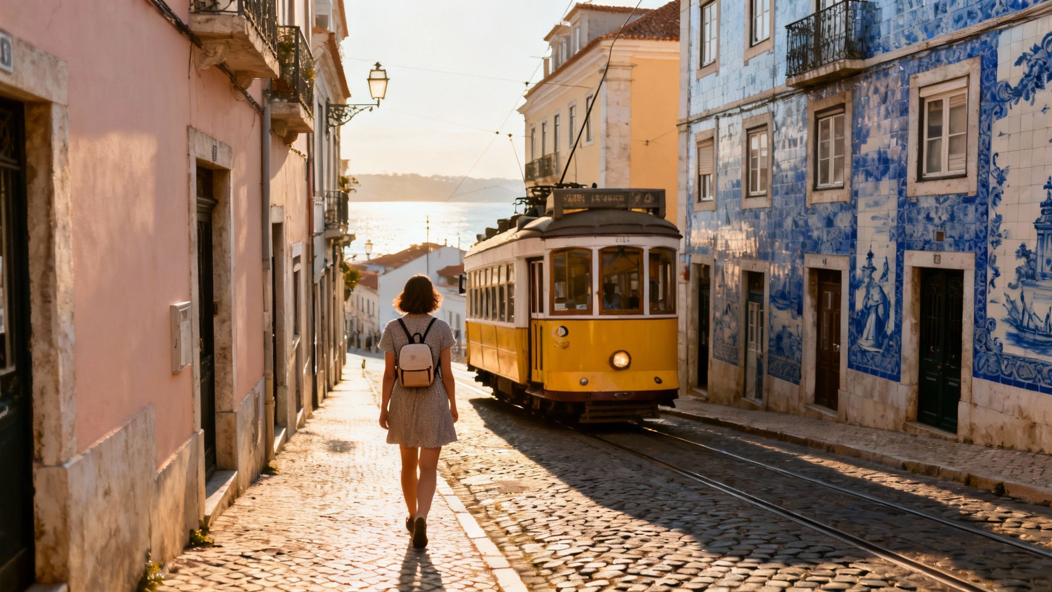 A solo female traveler walks on a sunny Lisbon street with a historic yellow tram and tiled buildings.