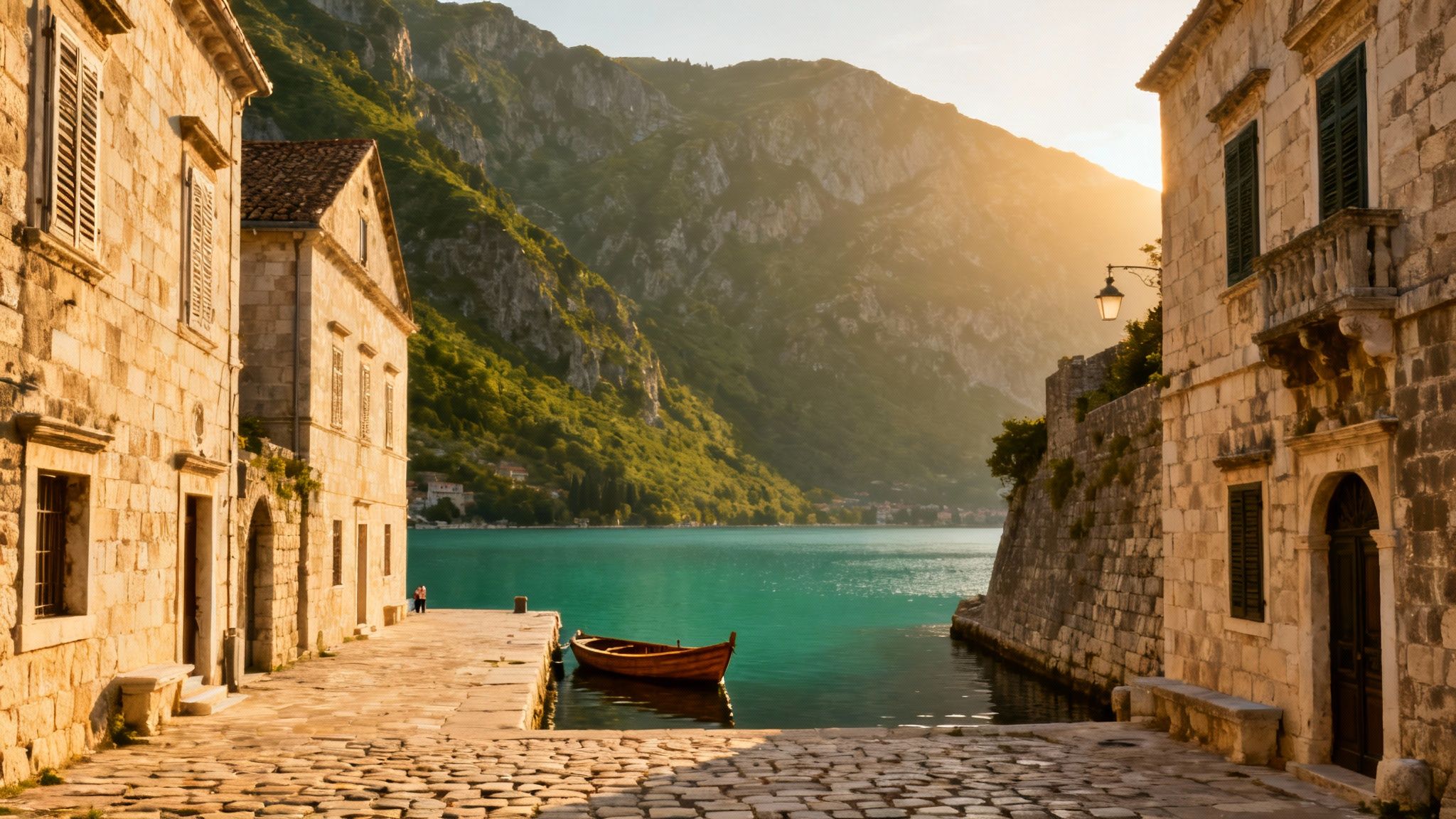 Traditional stone buildings line a beautiful bay with a small boat and sunlit mountains at golden hour.