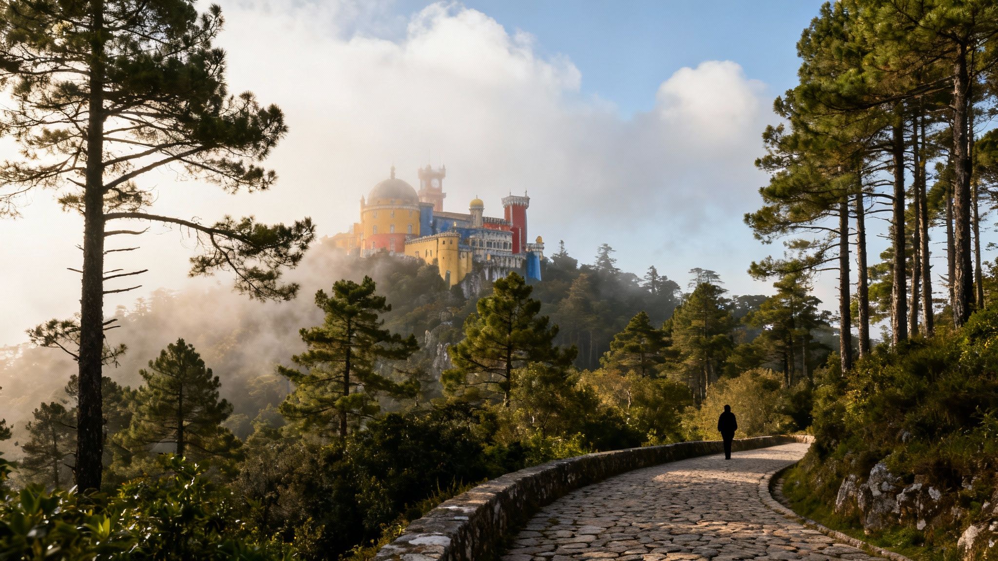 A vibrant Pena Palace on a misty, forested hilltop with a person walking on a cobblestone path.