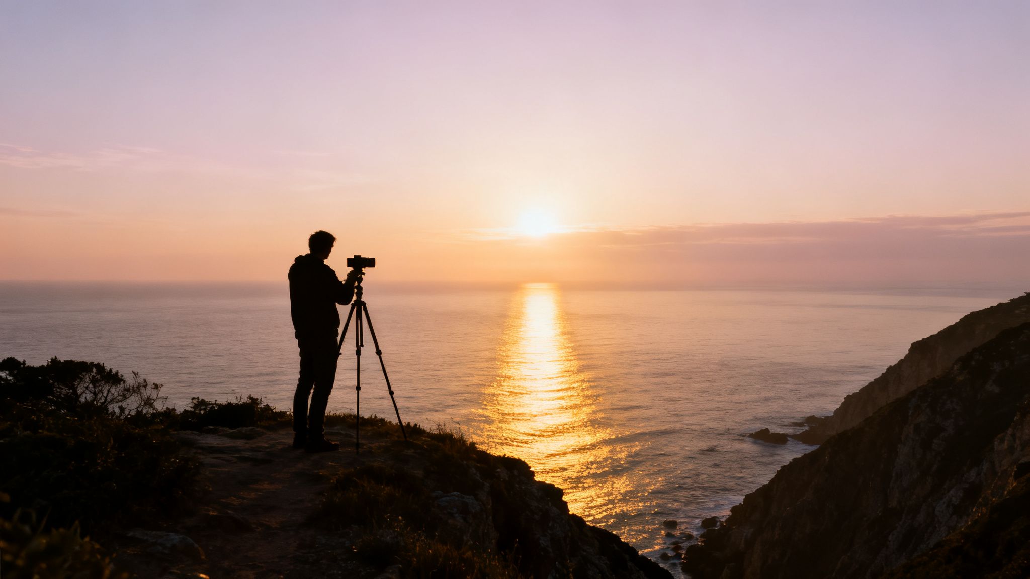 A silhouette of a photographer capturing a beautiful ocean sunset from a cliff with a tripod.