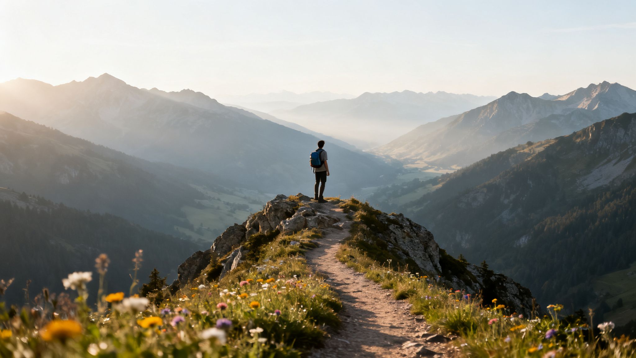 A lone hiker stands on a mountain peak, gazing at a stunning, misty valley at sunrise, with wildflowers.