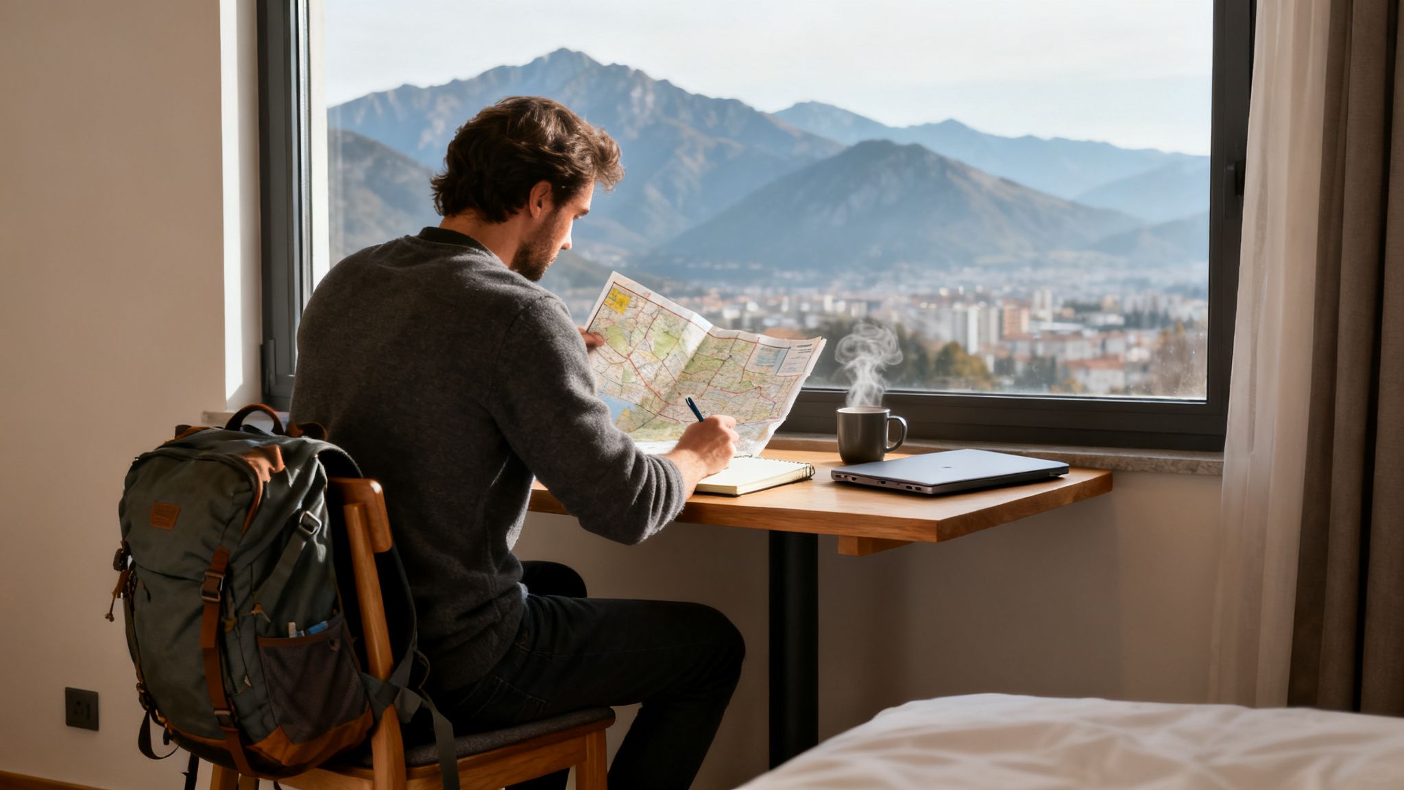 A man planning a trip with a map and notebook by a window overlooking mountains and a city.