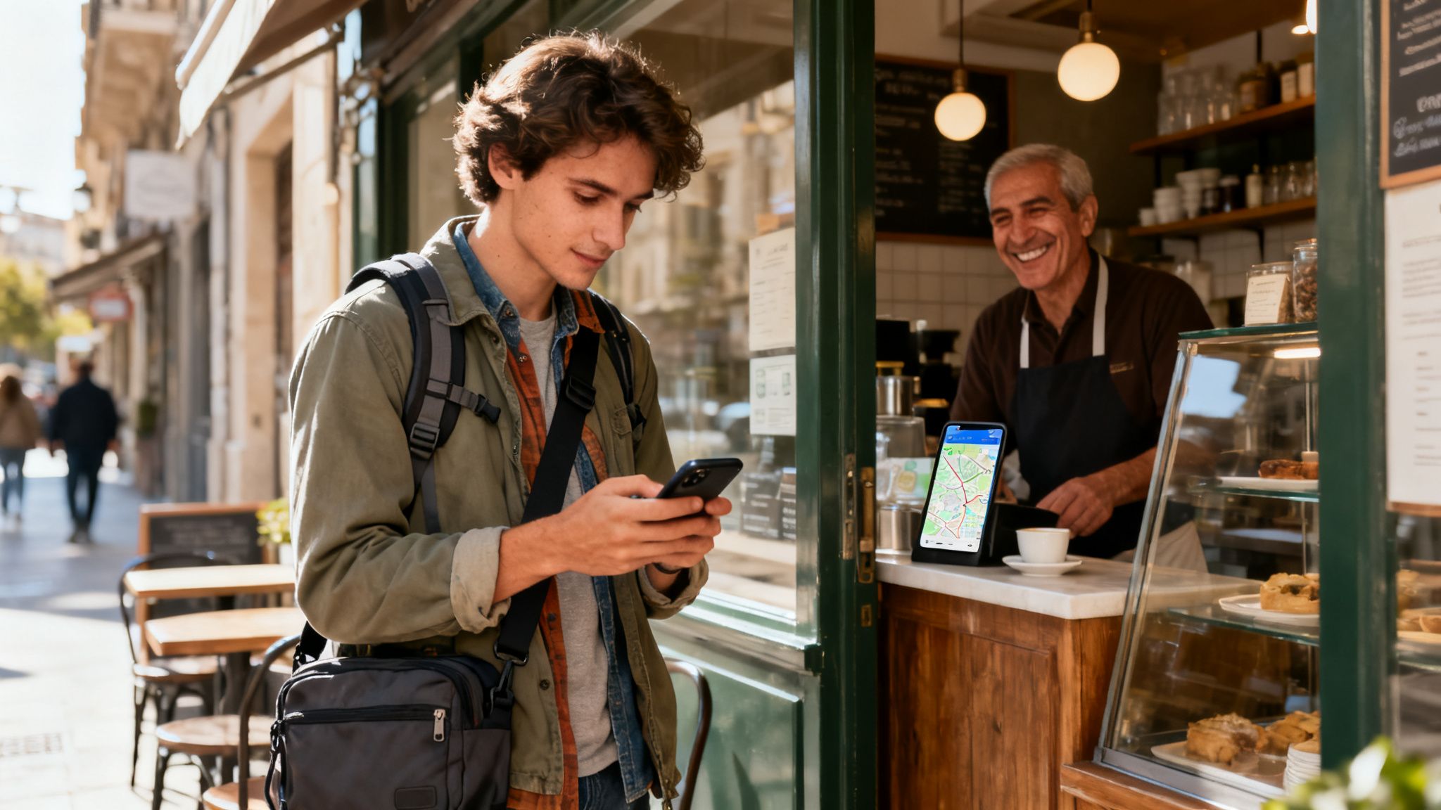 A young man checking his phone outside a cafe with a smiling barista and a map on a tablet.