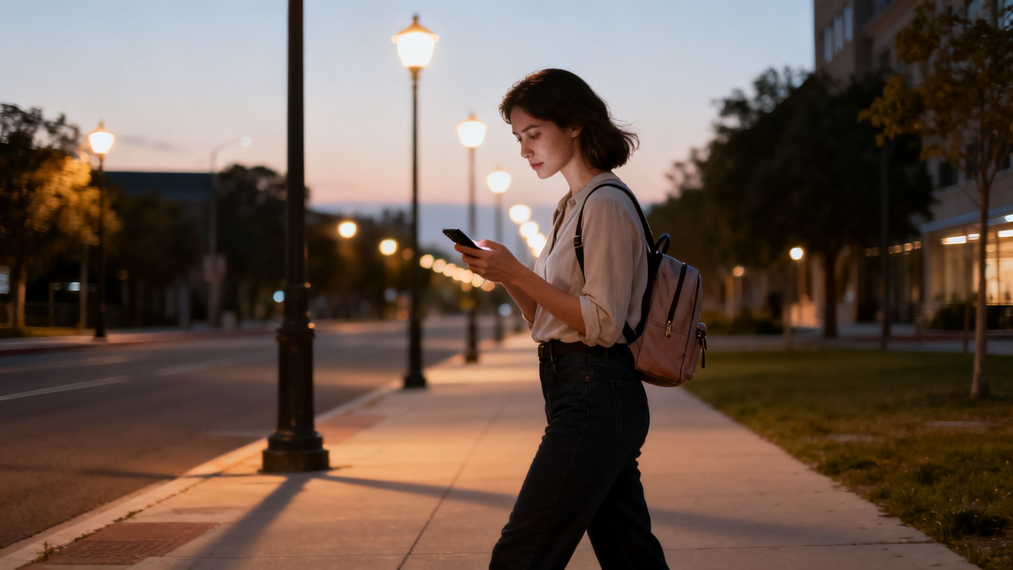 Young woman walking alone on a sidewalk at dusk, checking her phone.