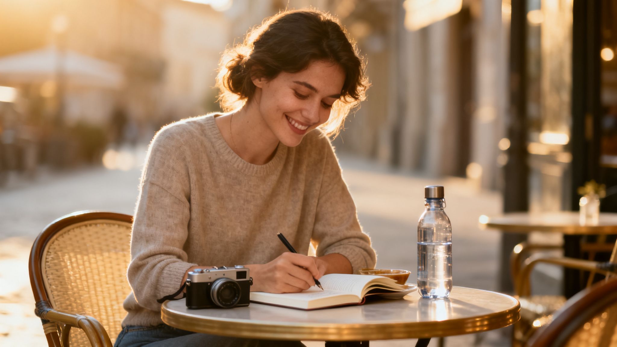 A smiling woman writes in a notebook at an outdoor cafe, enjoying the golden hour.
