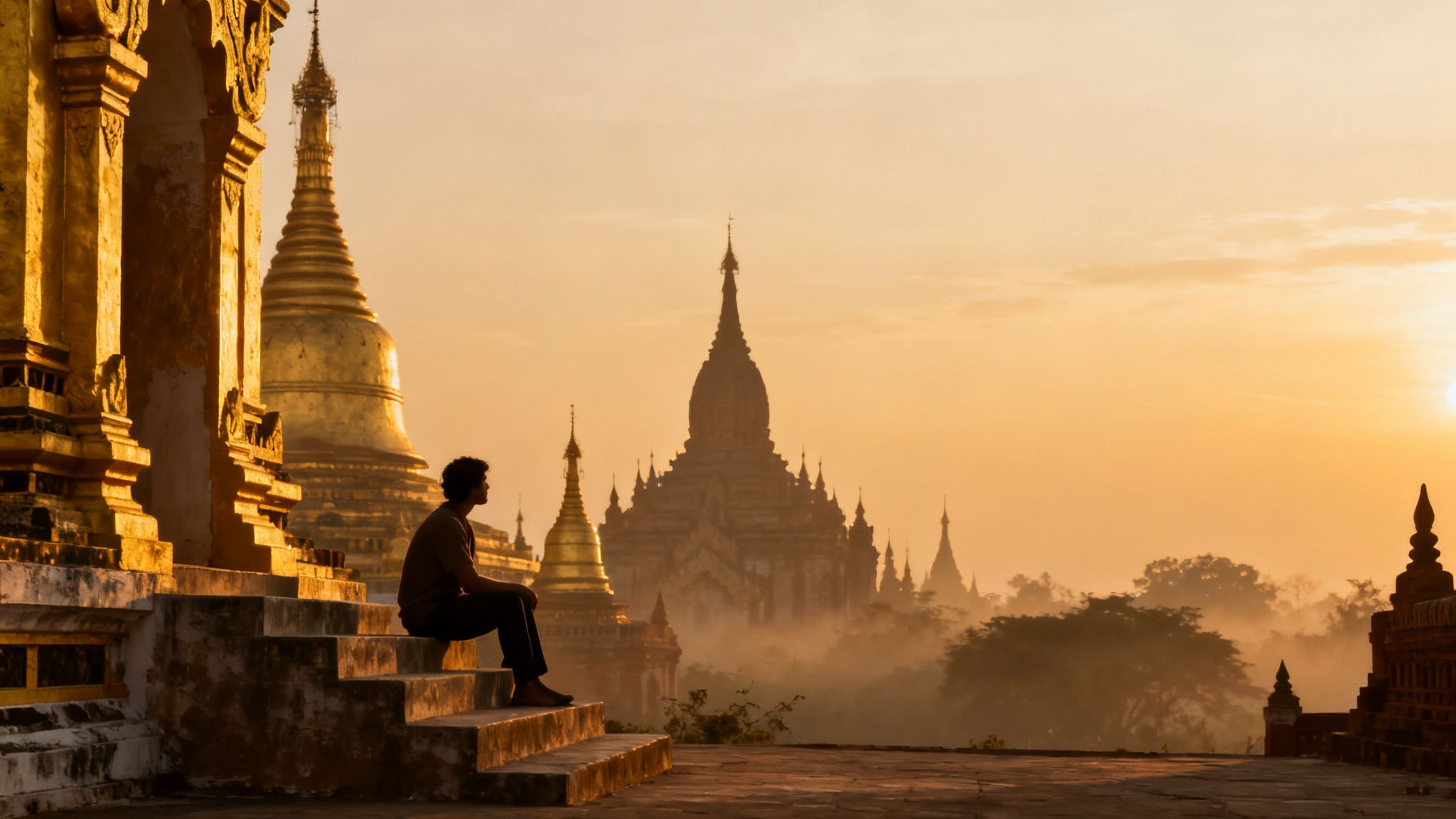 A man sits on temple steps, observing ancient pagodas shrouded in mist at dawn.