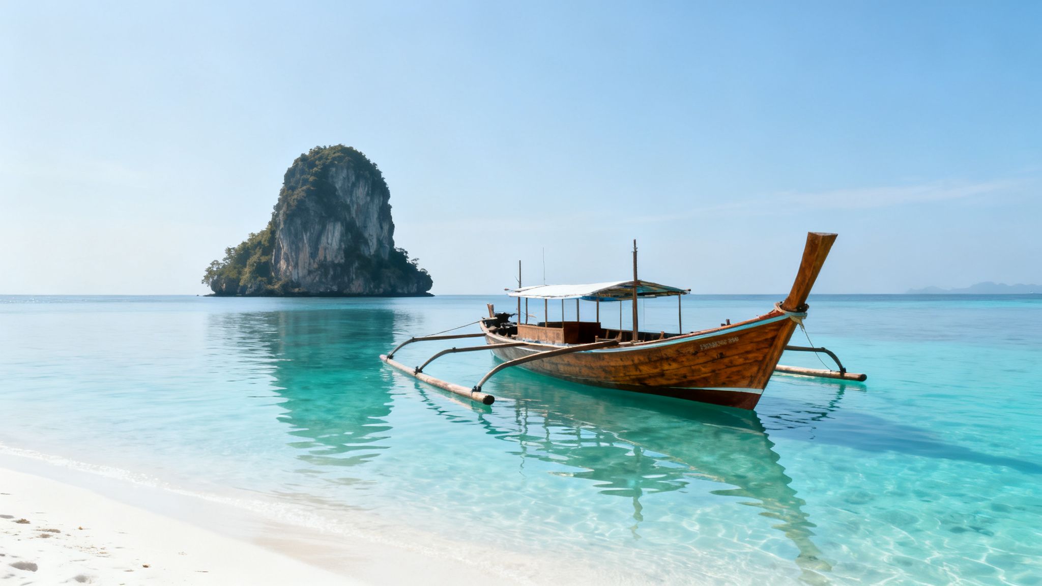 A traditional wooden longtail boat floats in clear turquoise water near a white sand beach with a lush green island in the background.