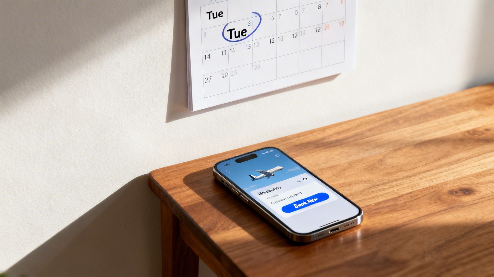 A smartphone on a wooden table displays a flight booking app next to a calendar with Tuesday circled.