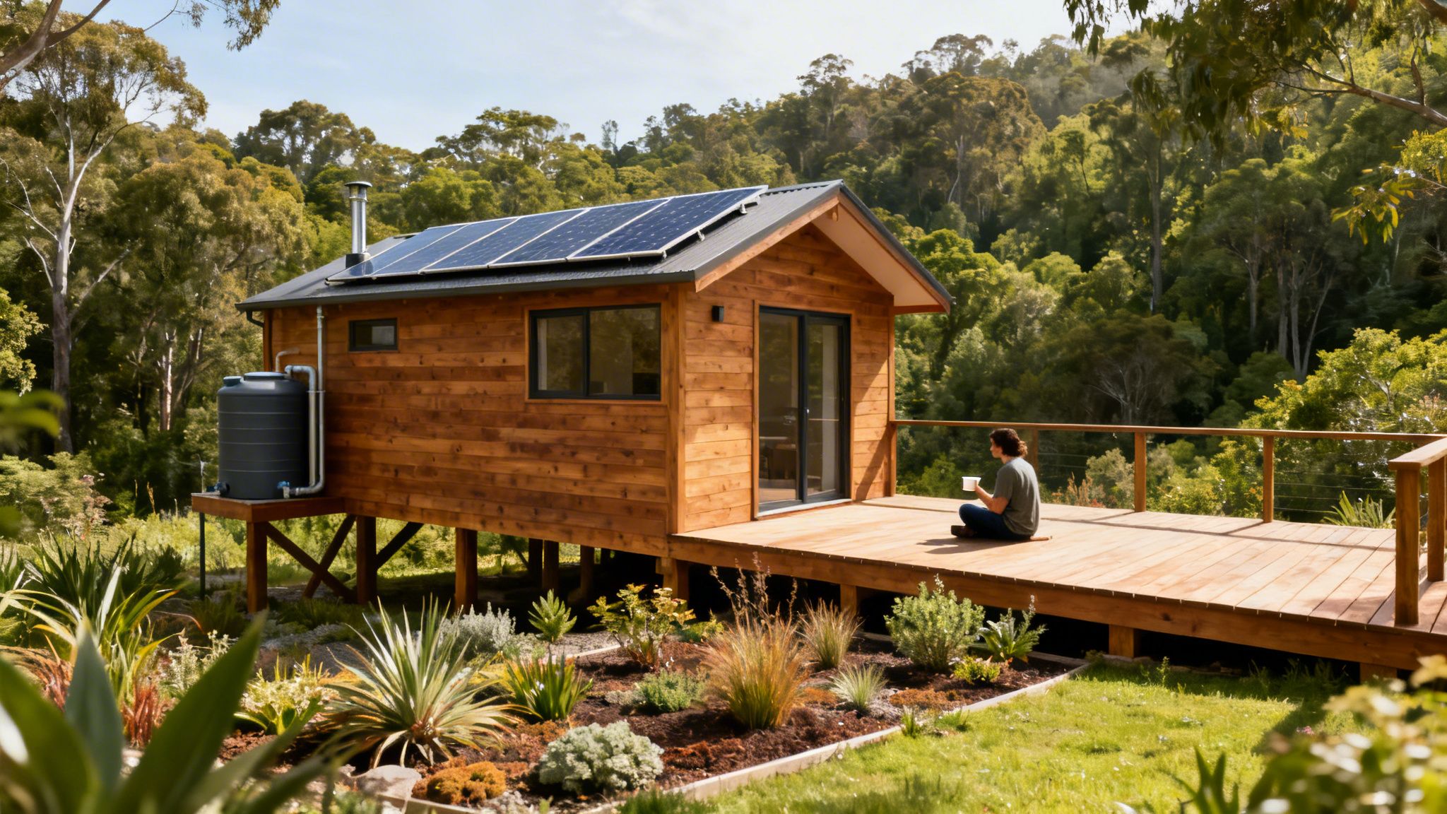 A wooden cabin with solar panels and a water tank, set in a lush forest, with a person relaxing on the deck.