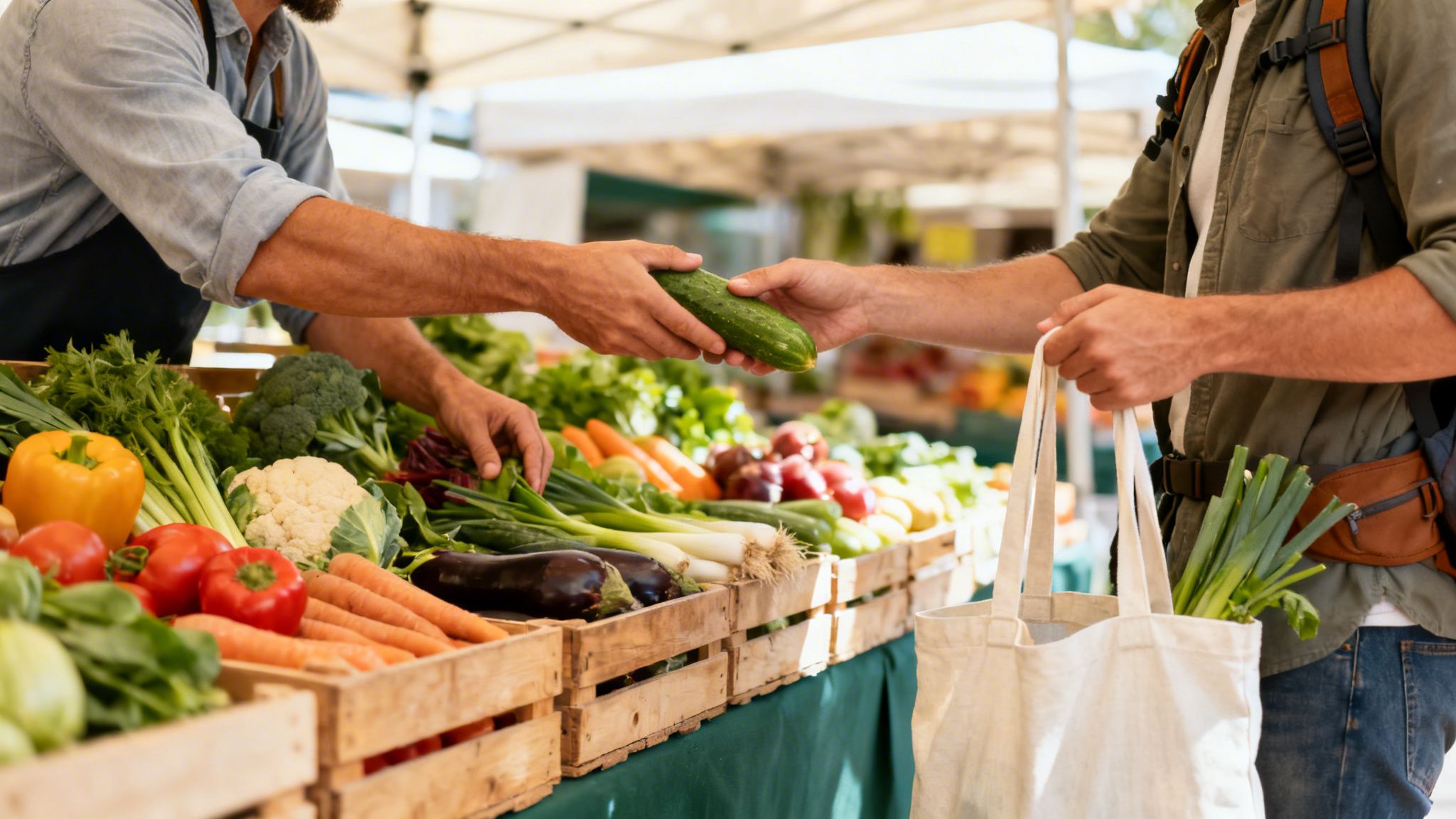 A vendor hands a fresh cucumber to a customer at a vibrant farmers' market, surrounded by colorful vegetables in crates.