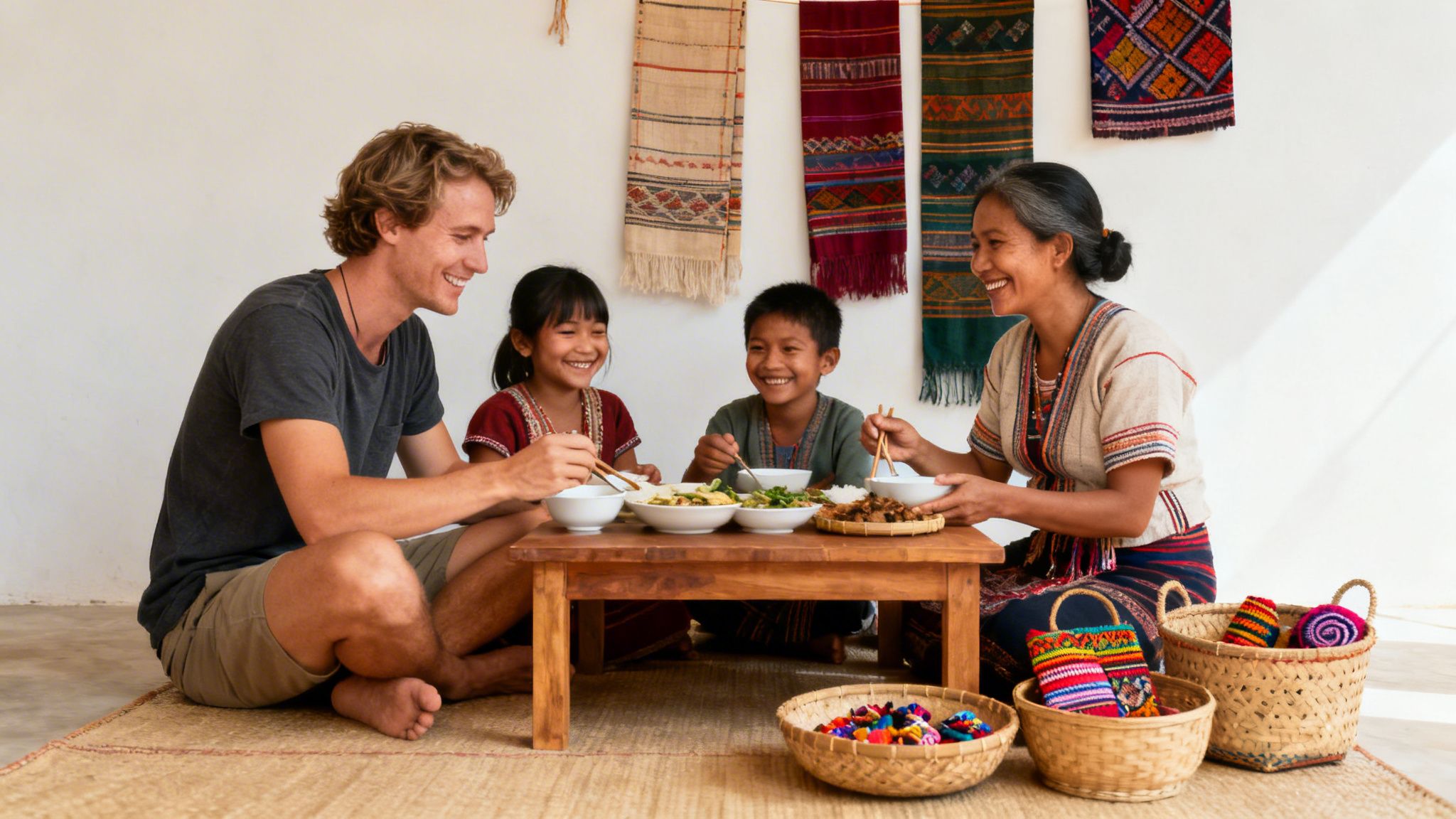 A diverse family and a man smiling and enjoying a meal together at a low table.