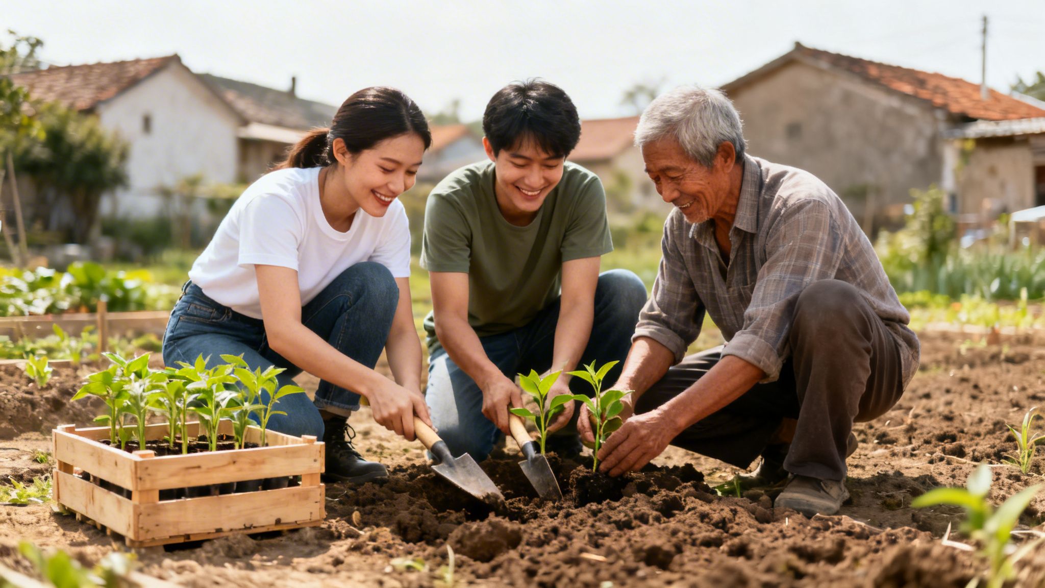 Three generations of Asian people happily planting saplings together in a sunny garden.
