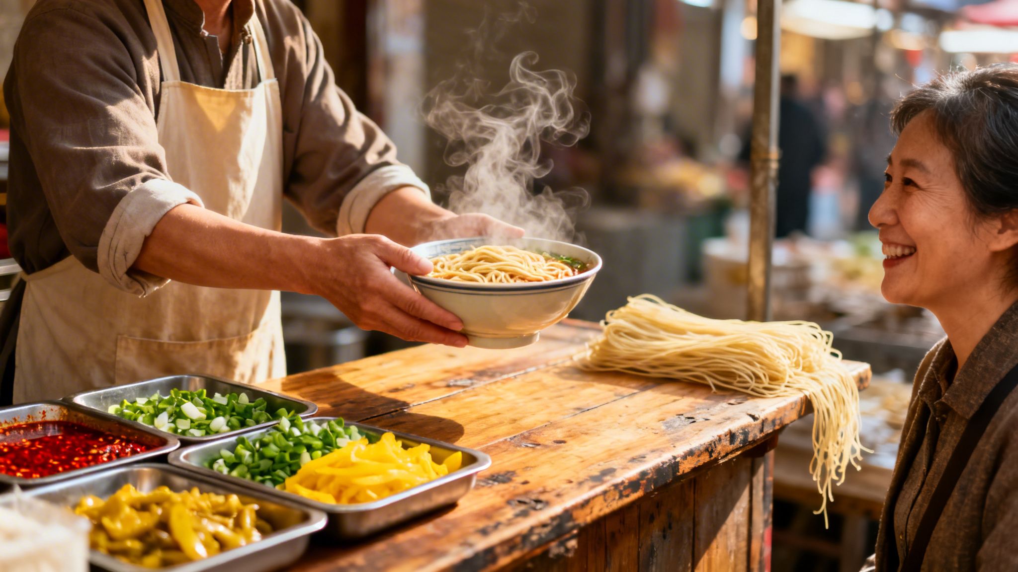 A vendor in an apron serves a steaming bowl of noodles to a smiling woman at a street food stall.