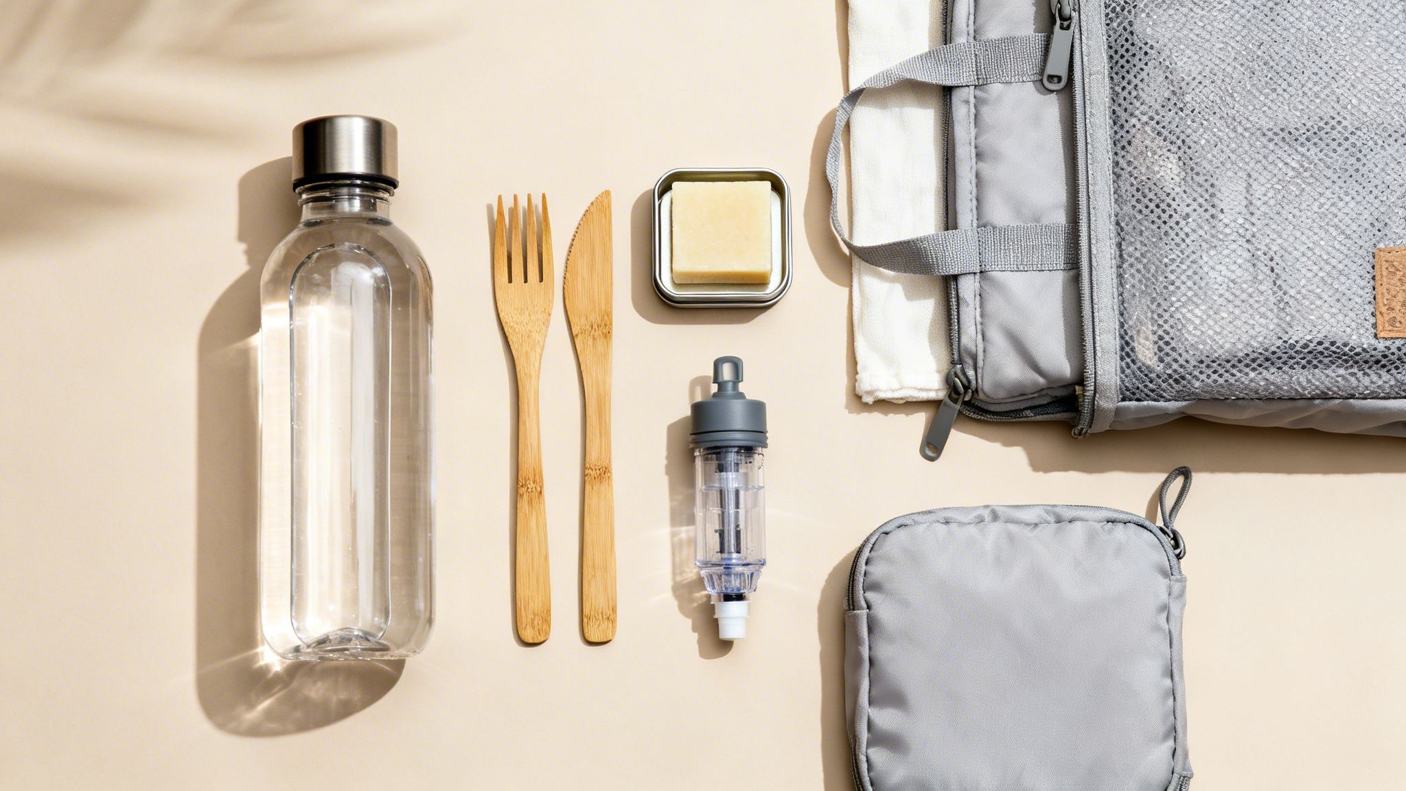 Eco-friendly travel kit with a reusable water bottle, bamboo utensils, solid soap, water filter, and pouches.