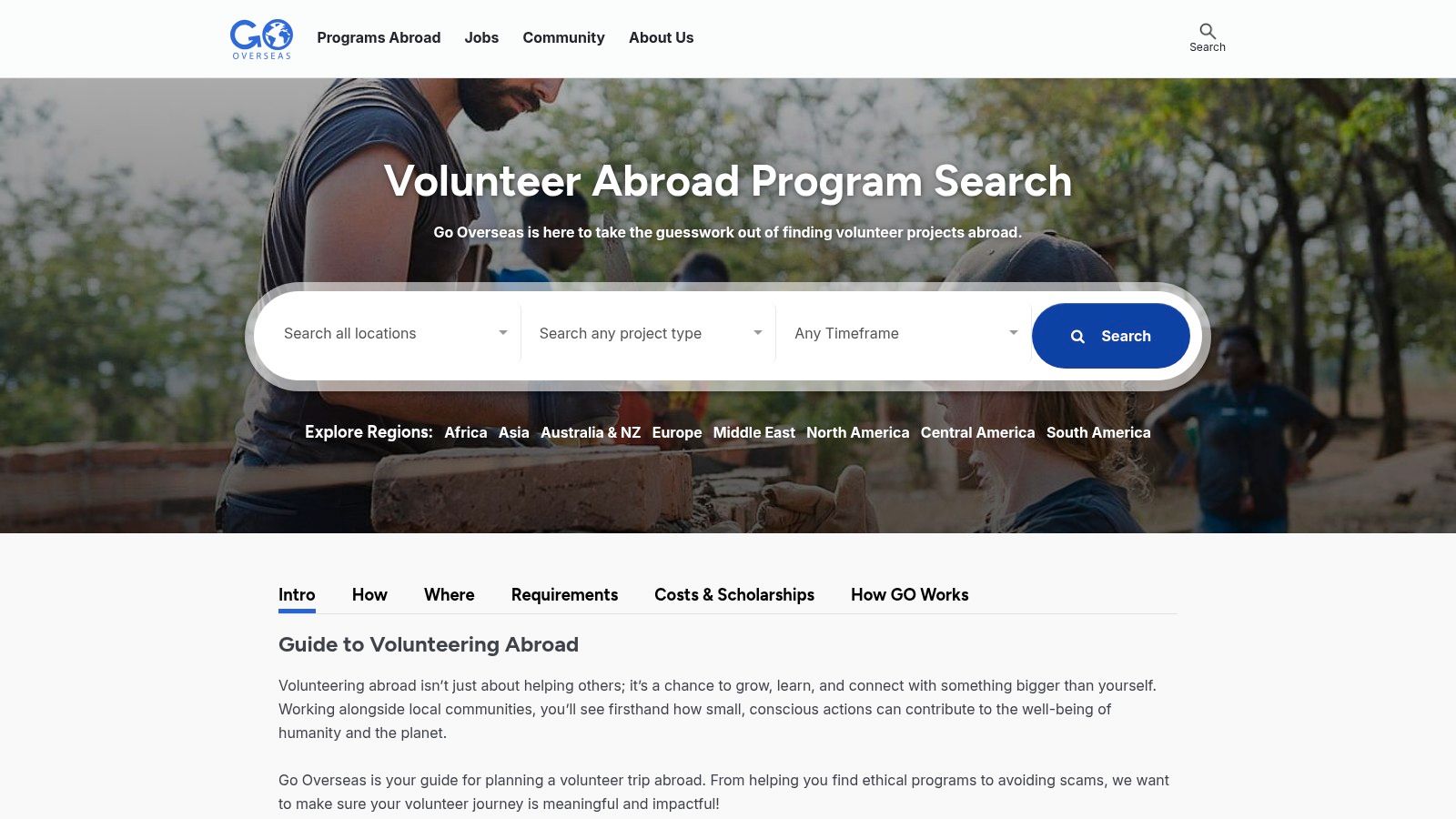 A user browsing the Go Overseas website to find volunteer abroad programs.