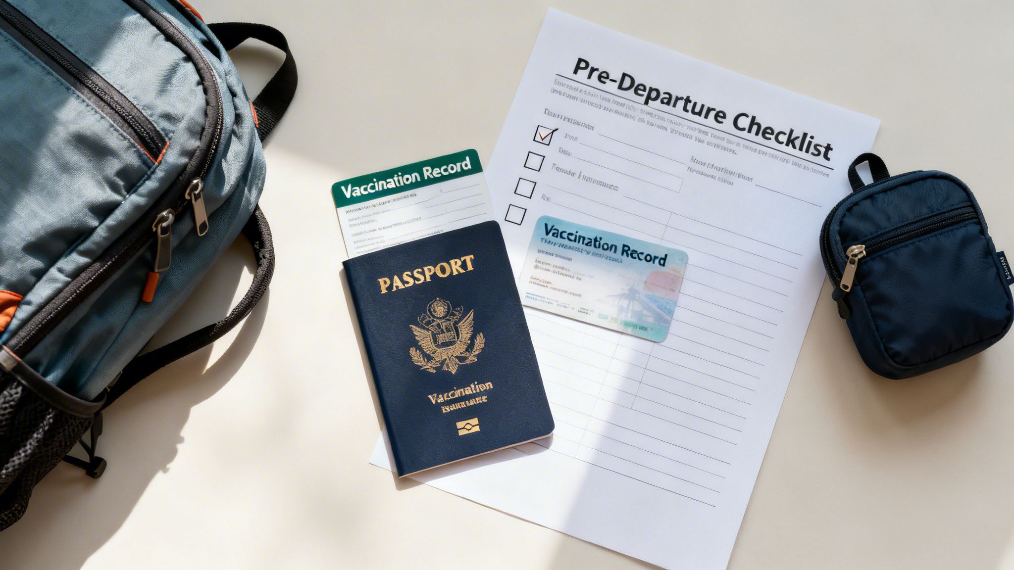 A flat lay of travel essentials: a passport, vaccination records, pre-departure checklist, and backpacks.