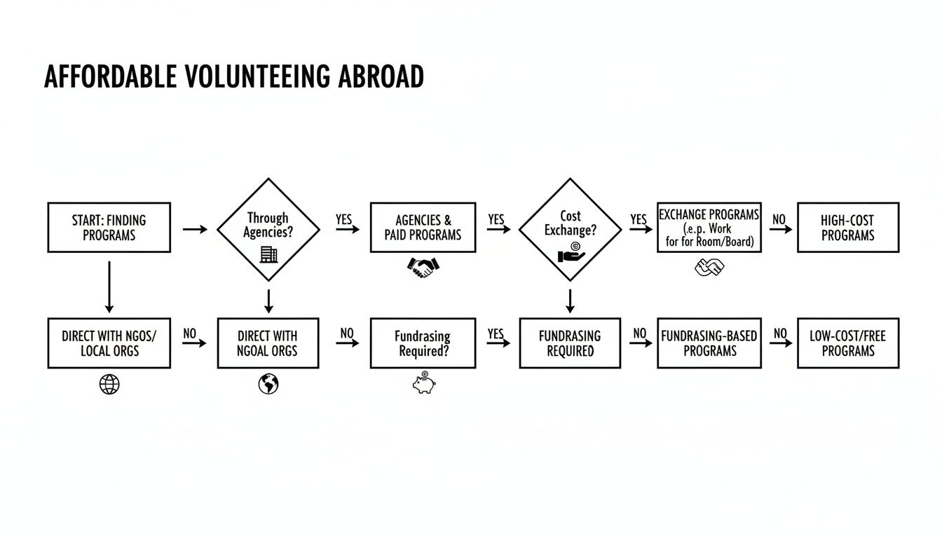 Flowchart showing pathways to affordable volunteering abroad programs, considering agencies, direct contacts, and cost factors.