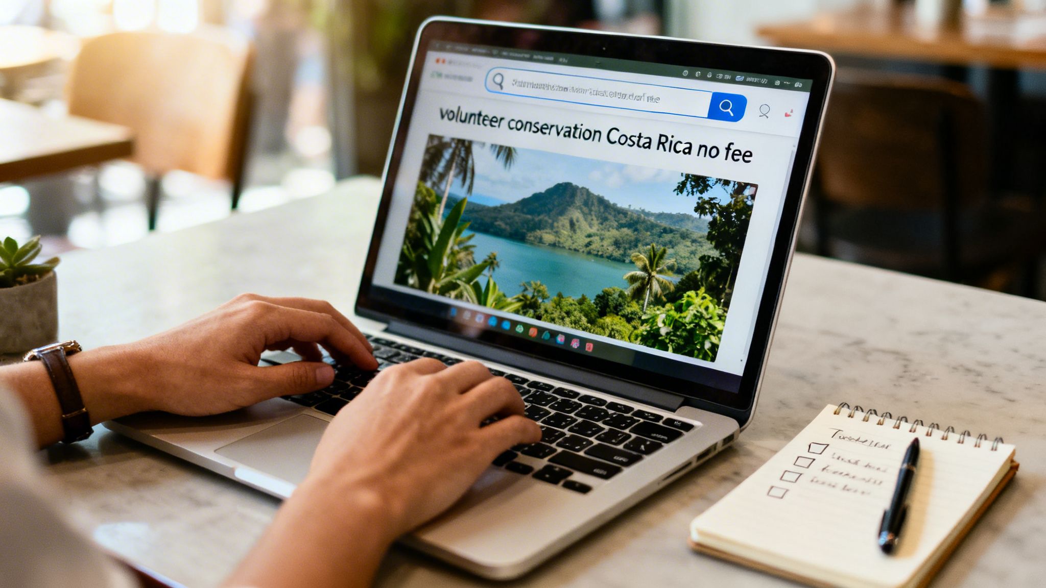 Hands typing on a laptop, searching for 'volunteer conservation Costa Rica no fee', displaying a tropical landscape.