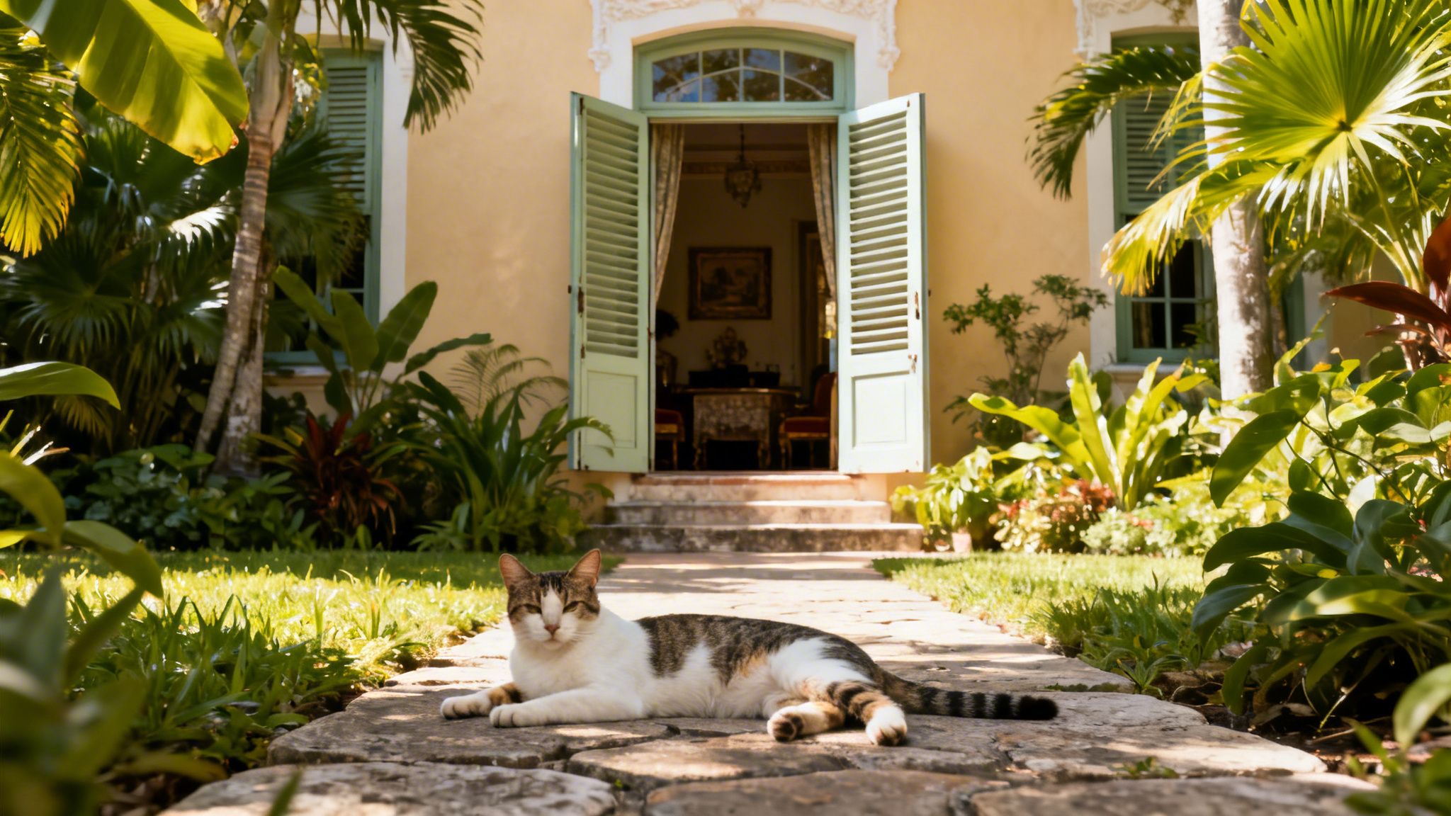 A brown and white cat lies on a stone path in a sunny tropical garden with a yellow house and open green doors.